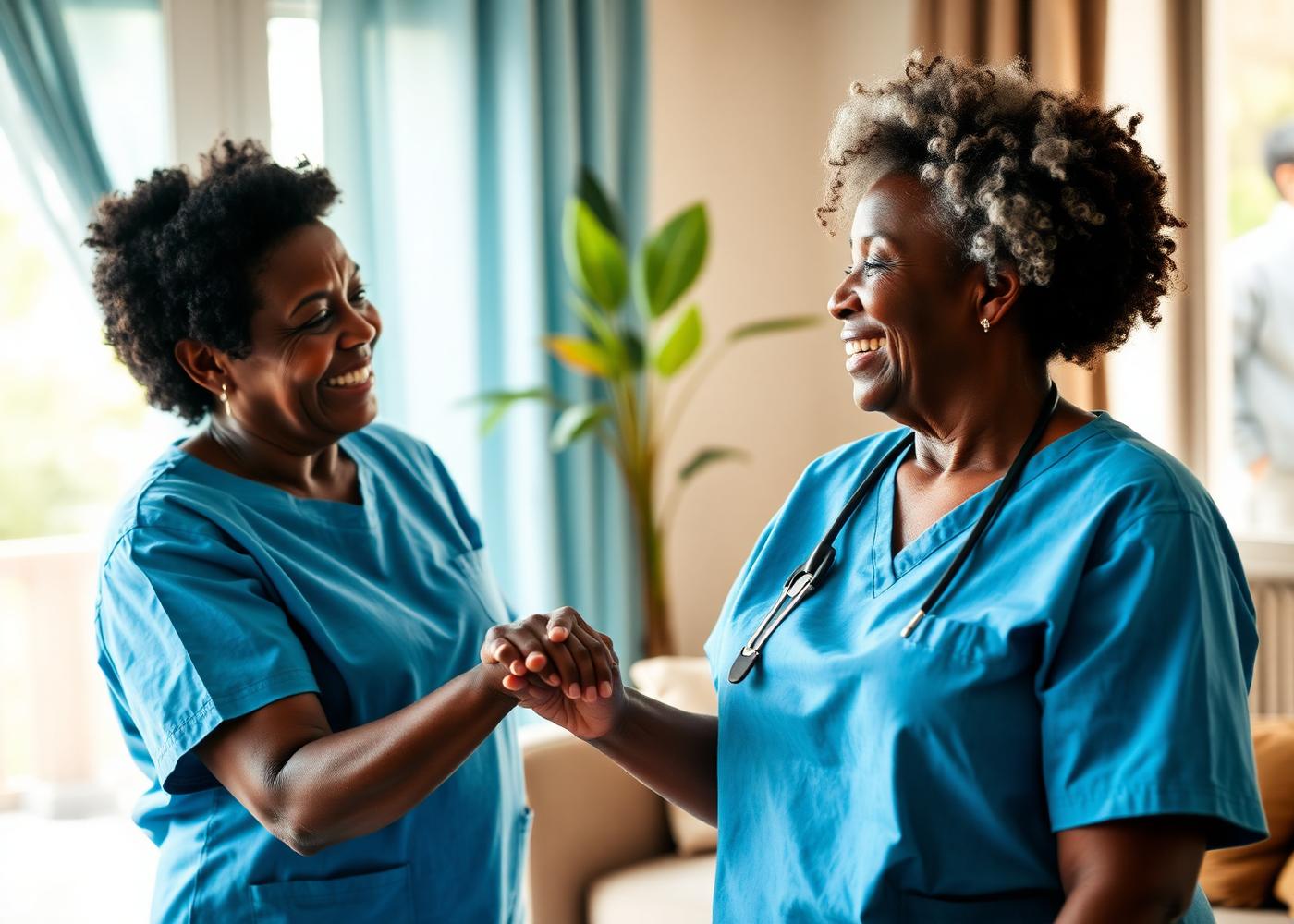 Caregiver holding hands with a smiling elderly woman