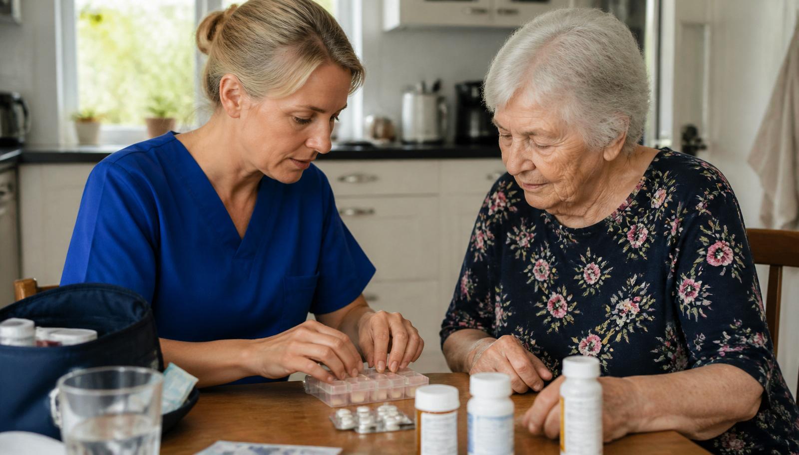Nurse organising a weekly medication box with an elderly patient at home