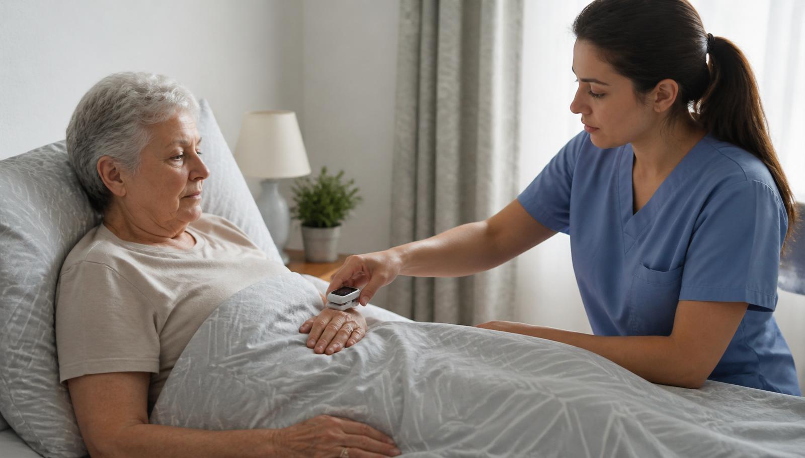 Nurse checking a recovering patient's oxygen levels at home