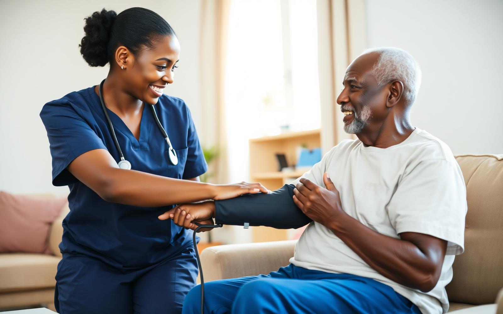 Nurse checking blood pressure of an elderly patient at home