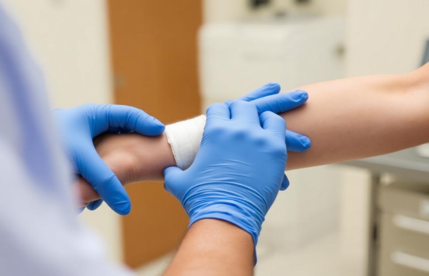 Nurse dressing a patient's arm wound with sterile bandages
