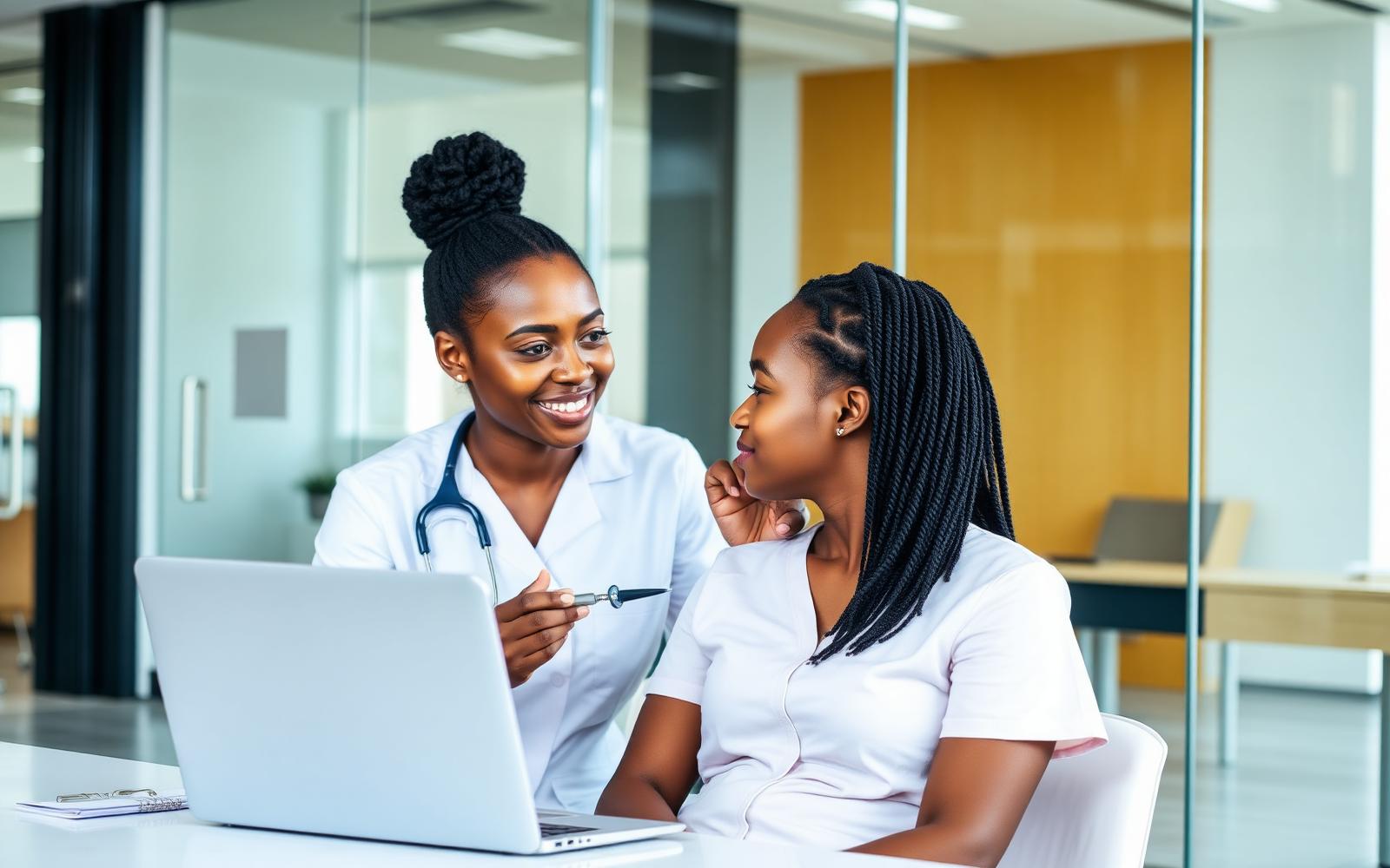 Corporate nurse consulting with an office employee at a health check station