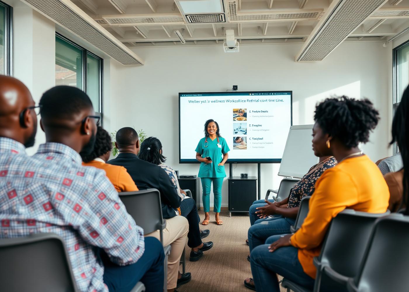 Nurse leading a workplace wellness talk in front of a team