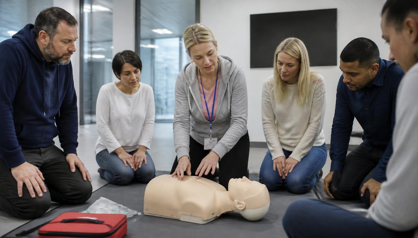 Instructor demonstrating CPR on a manikin to a group of employees