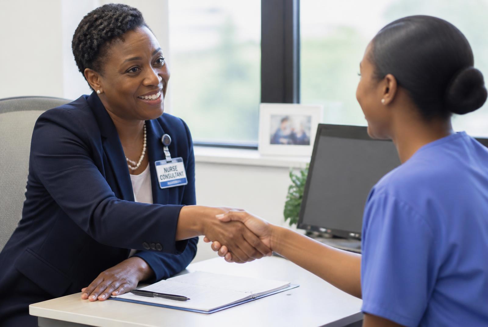 Nurse consultant shaking hands with a client in an office