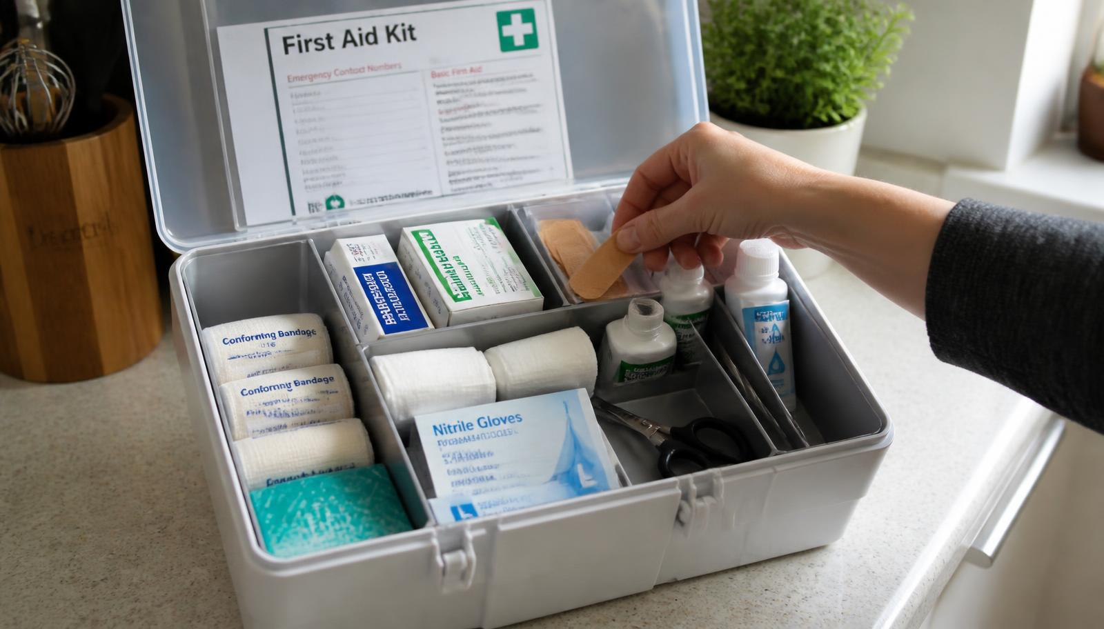 Open first aid kit with bandages, gauze, antiseptic and gloves on a kitchen counter