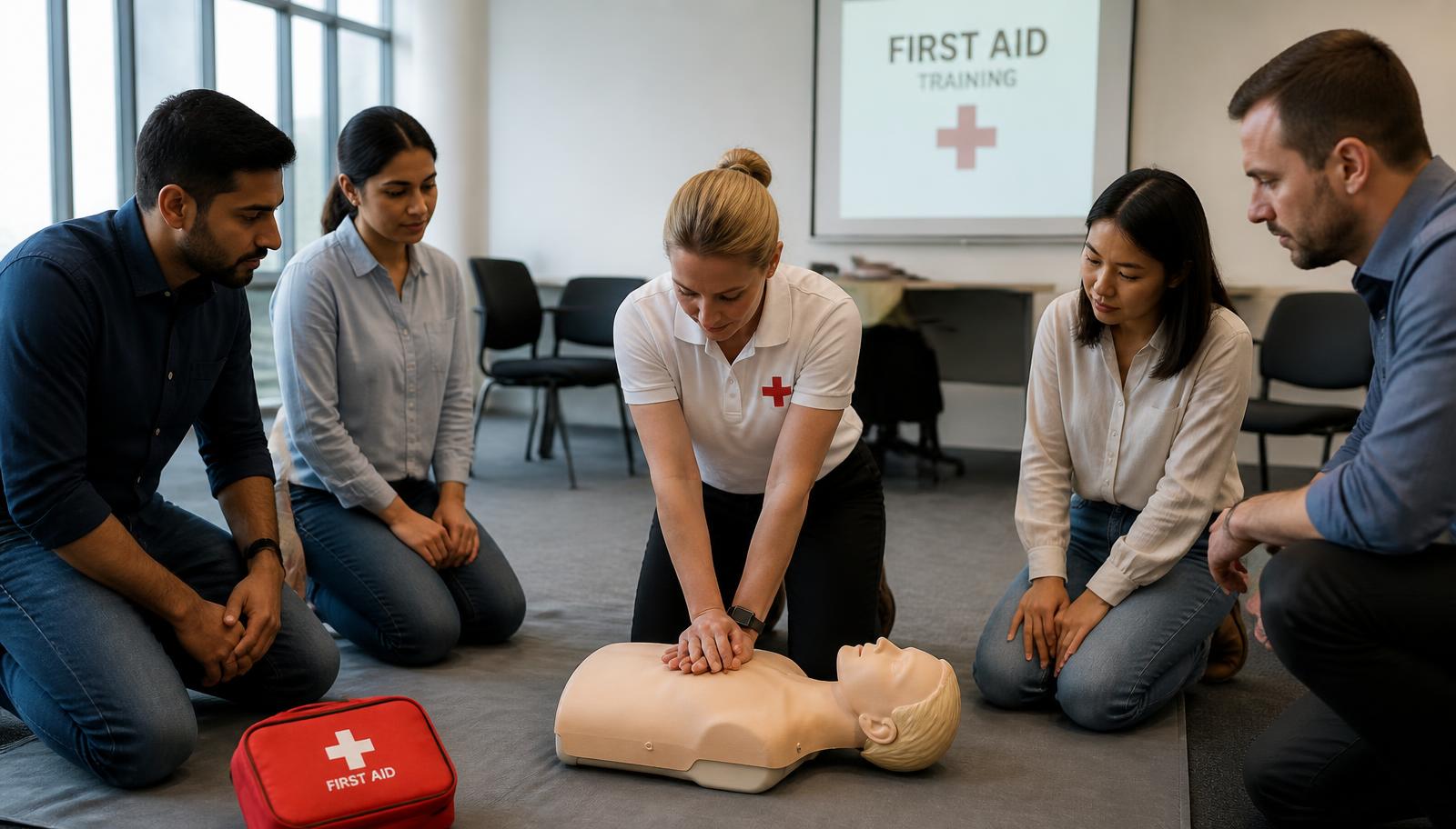 Instructor demonstrating CPR on a manikin to a group of employees
